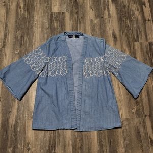 Blue Rain Chambray Denim Cardigan Boho Open Front Flare Sleeve Jacket Sz Medium
